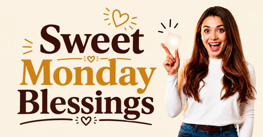 Sweet Monday Blessings with a cheerful woman holding a glowing card