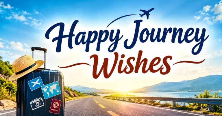 : Happy Journey Wishes with a scenic road, mountains, airplane, and travel suitcase