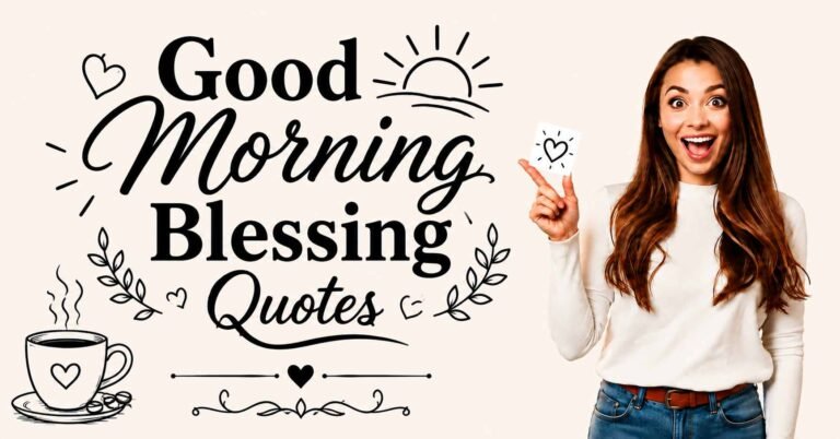 Good Morning Blessing Quotes with coffee cup, sunshine, hearts, and cheerful woman
