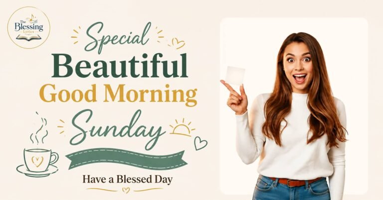 Special Beautiful Good Morning Sunday with a smiling woman, coffee cup, sunshine, and blessings