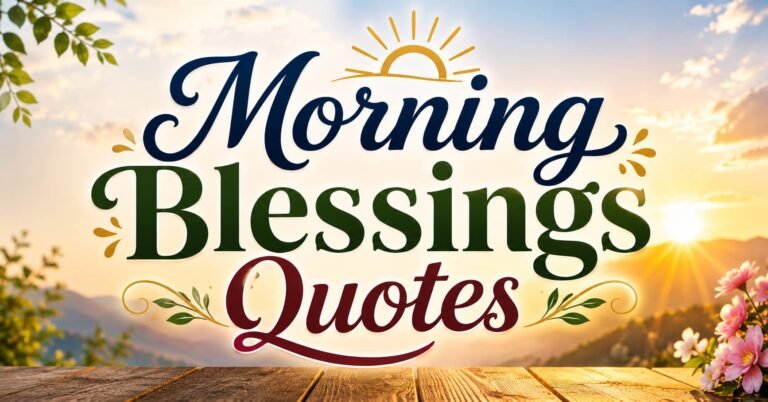 Morning Blessings Quotes with a peaceful sunrise, mountains, flowers, and inspirational design