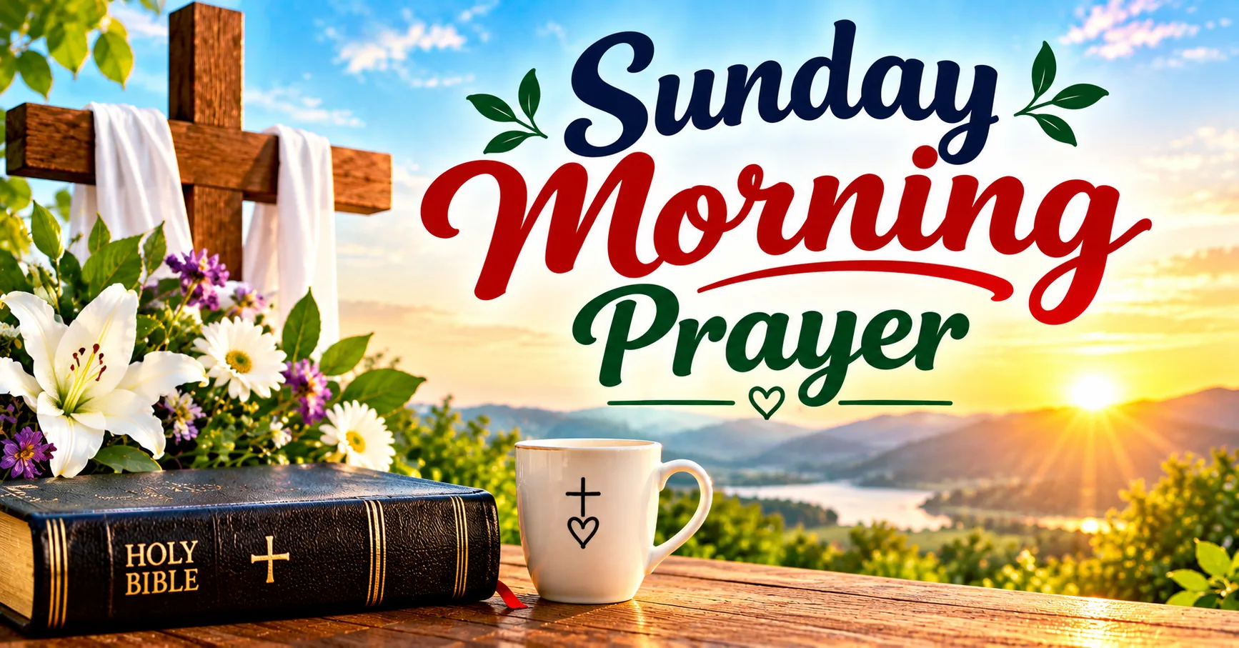 Sunday Morning Prayer with Holy Bible, cross, flowers, and beautiful sunrise
