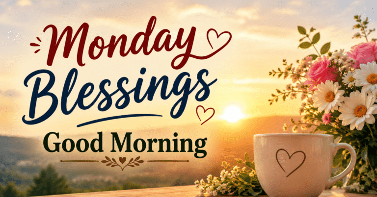 Monday Blessings Good Morning with sunrise, flowers, and a warm coffee cup
