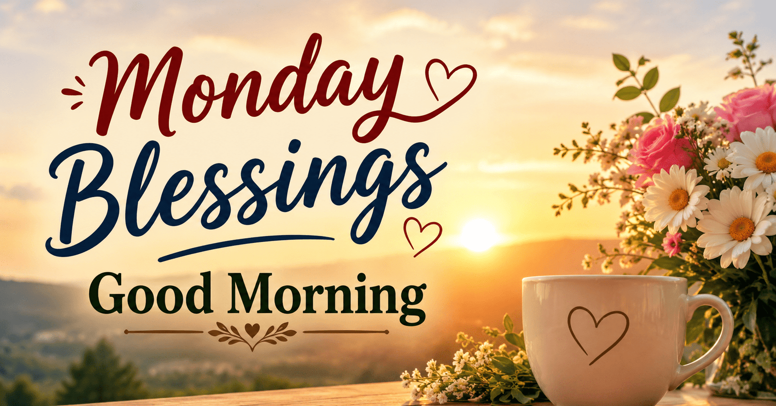 Monday Blessings Good Morning with sunrise, flowers, and a warm coffee cup