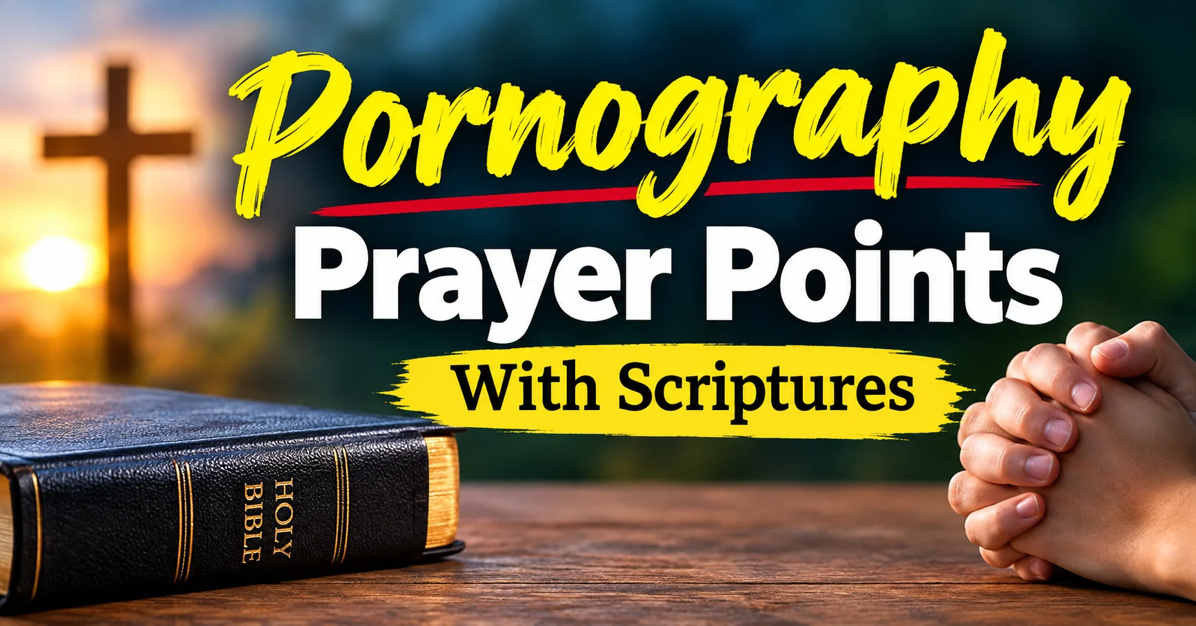 Pornography Prayer Points With Scriptures with a Bible, praying hands, and cross