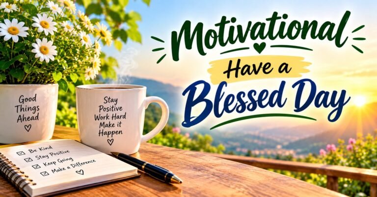 Motivational Have a Blessed Day with flowers, coffee, sunrise, and inspirational setting