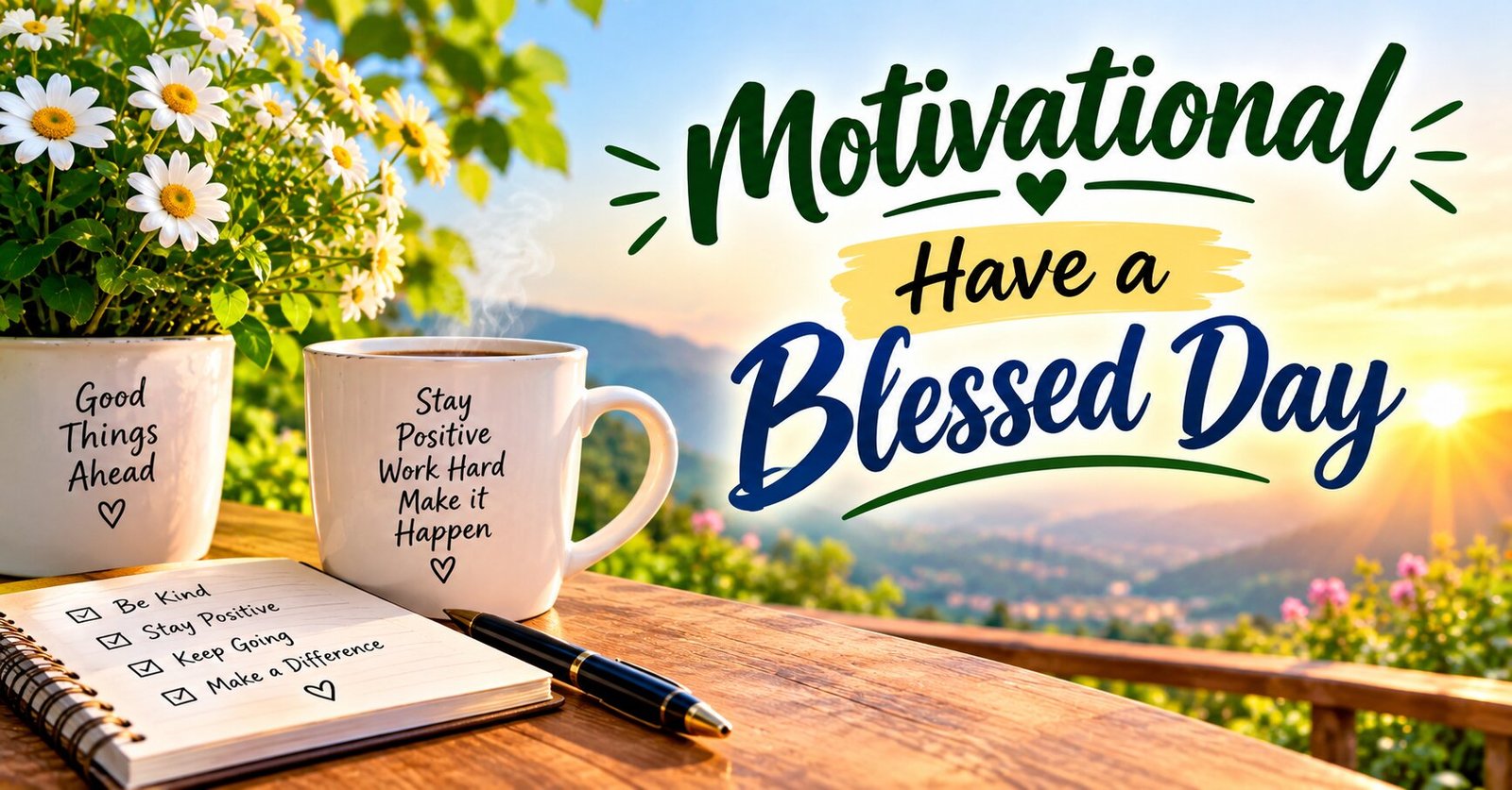 Motivational Have a Blessed Day with flowers, coffee, sunrise, and inspirational setting