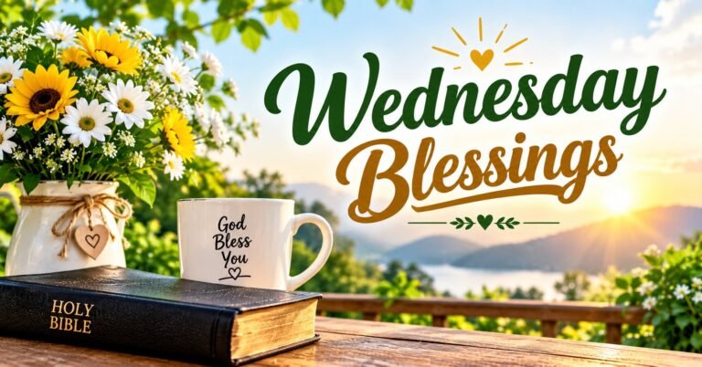 Wednesday Blessings with flowers, Bible, coffee mug, and beautiful sunrise