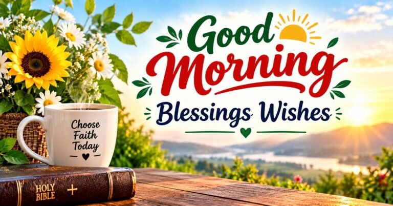 Good Morning Blessings Wishes with sunrise, flowers, coffee mug and Holy Bible