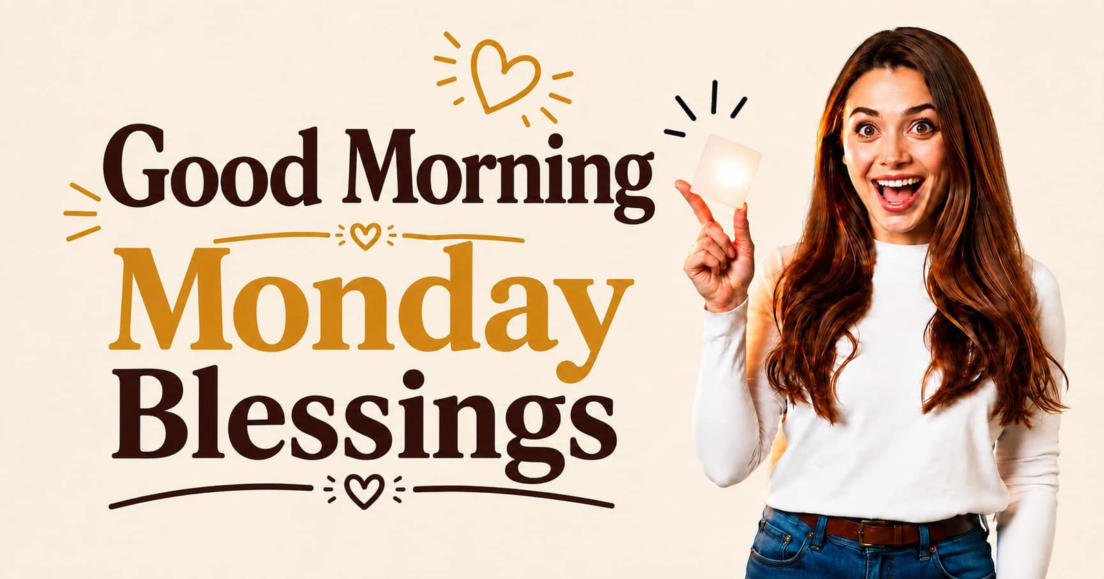Good Morning Monday Blessings images and quotes with a cheerful woman holding a glowing card