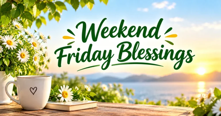 Weekend Friday Blessings with a peaceful sunrise, flowers, and coffee