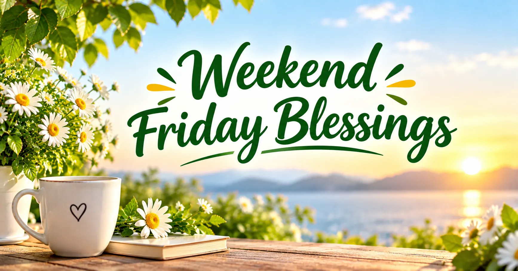 Weekend Friday Blessings with a peaceful sunrise, flowers, and coffee