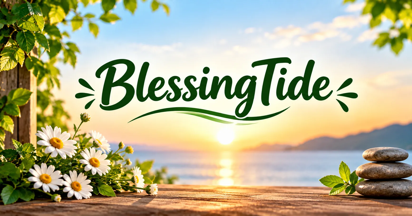 BlessingTide inspirational image with sunrise, daisies, and peaceful water