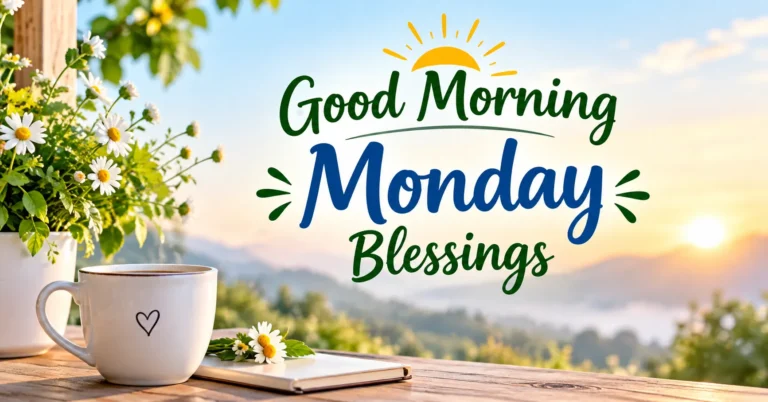 Good Morning Monday Blessings with a peaceful sunrise, flowers, and coffee