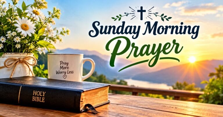Sunday Morning Prayer with sunrise, Bible, flowers, and peaceful morning scene
