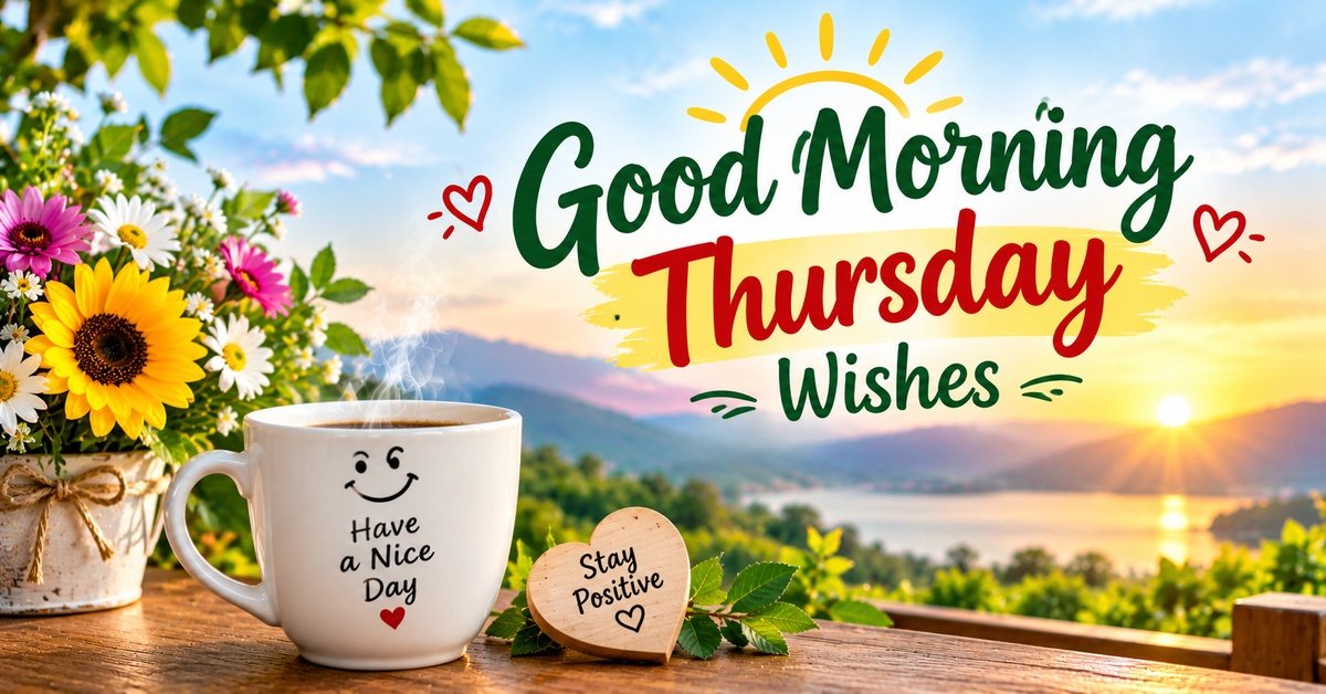 Good Morning Thursday Wishes with beautiful sunrise, flowers, coffee cup, and positive morning message
